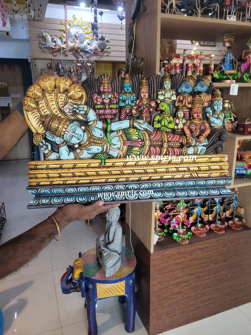 Ananthasayanam Ranganathar Perumal Vishnu Wooden Carving Indian Handicrafts Srirangam Temple wall decor Tamilnadu Handicrafts (15 H x 24 L x 2 W inches)