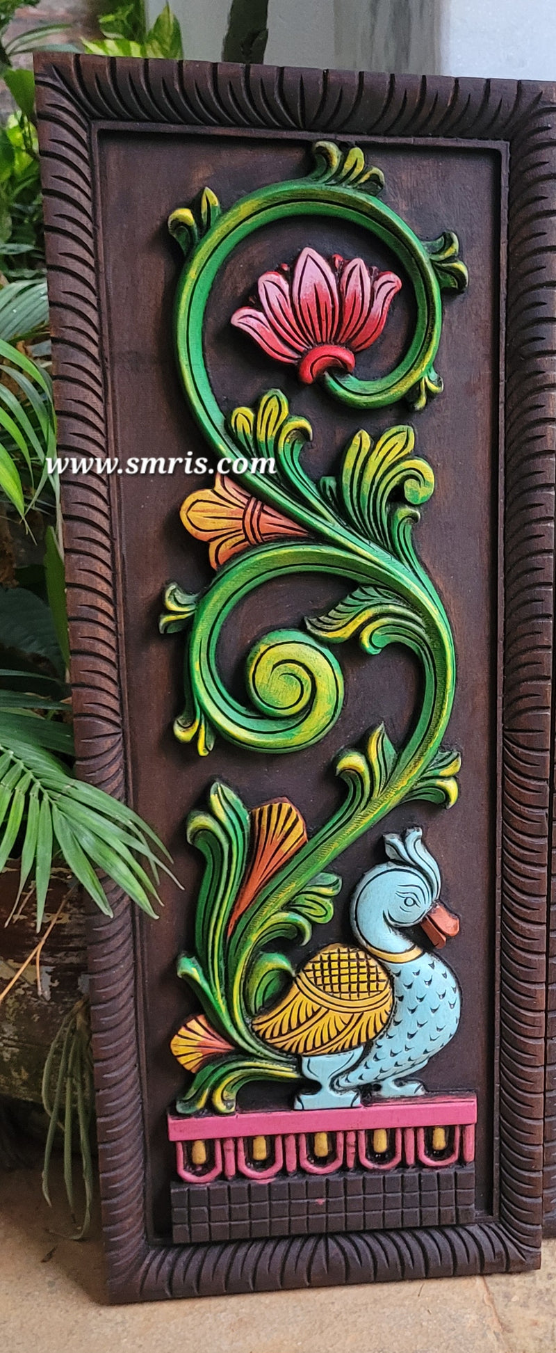 Annam / Annapakshi Flower Left Side Wall Panel Mahogany Wooden Wall Frame 30 Inch big Wooden Carving Hanging Decor Corbel Traditional Chettinad Indian Handicrafts (30 H * 11.5 L * 1.5 W Inches)
