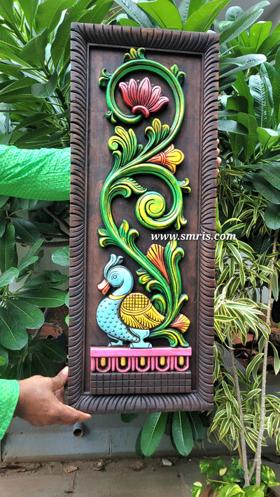 Annam / Annapakshi Flower Right Side Wall Panel Mahogany Wooden Wall Frame 30 Inch big Wooden Carving Hanging Decor Corbel Traditional Chettinad Indian Handicrafts (30 H * 11.5 L * 1.5 W Inches)