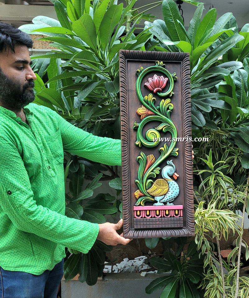 Annam / Annapakshi Flower Left Side Wall Panel Mahogany Wooden Wall Frame 30 Inch big Wooden Carving Hanging Decor Corbel Traditional Chettinad Indian Handicrafts (30 H * 11.5 L * 1.5 W Inches)