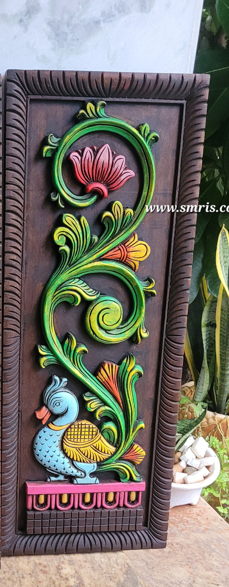 Annam / Annapakshi Flower Right Side Wall Panel Mahogany Wooden Wall Frame 30 Inch big Wooden Carving Hanging Decor Corbel Traditional Chettinad Indian Handicrafts (30 H * 11.5 L * 1.5 W Inches)