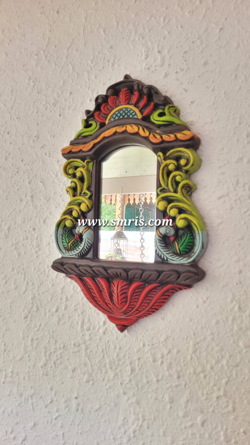 Annam/ Annapakshi With Lotus Wall Mirror Frame Chettinad Mahogany Wood Carving Traditional Chettinad Handicrafts ( 18H* 11L* 1W Inches )