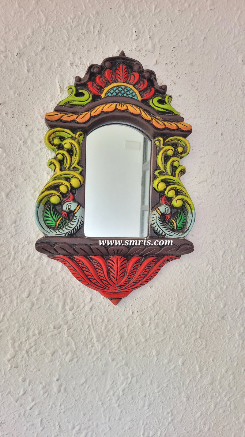 Annam/ Annapakshi With Lotus Wall Mirror Frame Chettinad Mahogany Wood Carving Traditional Chettinad Handicrafts ( 18H* 11L* 1W Inches )