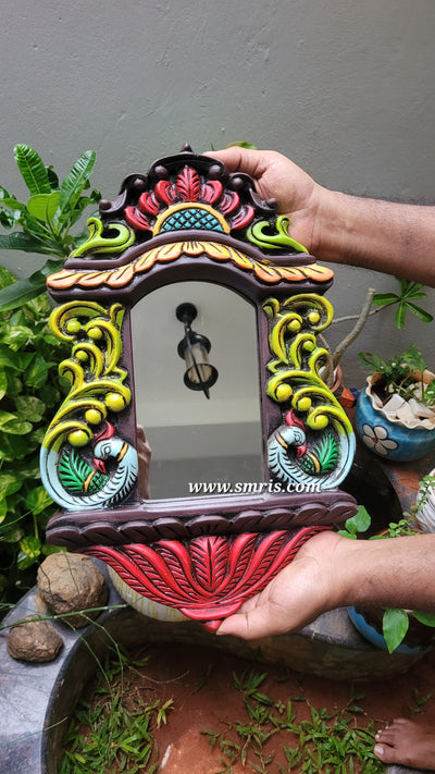 Annam/ Annapakshi With Lotus Wall Mirror Frame Chettinad Mahogany Wood Carving Traditional Chettinad Handicrafts ( 18H* 11L* 1W Inches )