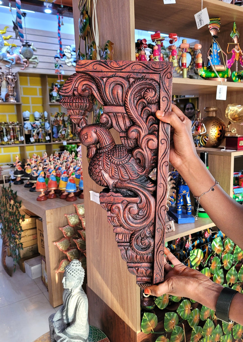 Annam BIG Wood Carving Natural Wall bracket / Corbel Mahogany Wood Traditional Chettinad Handicrafts (18 H x 8.5 L x 2.5 W Inches)