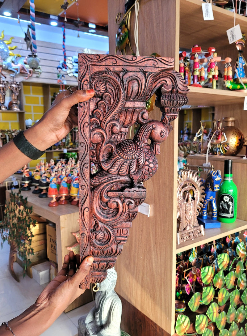 Annam BIG Wood Carving Natural Wall bracket / Corbel Mahogany Wood Traditional Chettinad Handicrafts (18 H x 8.5 L x 2.5 W Inches)