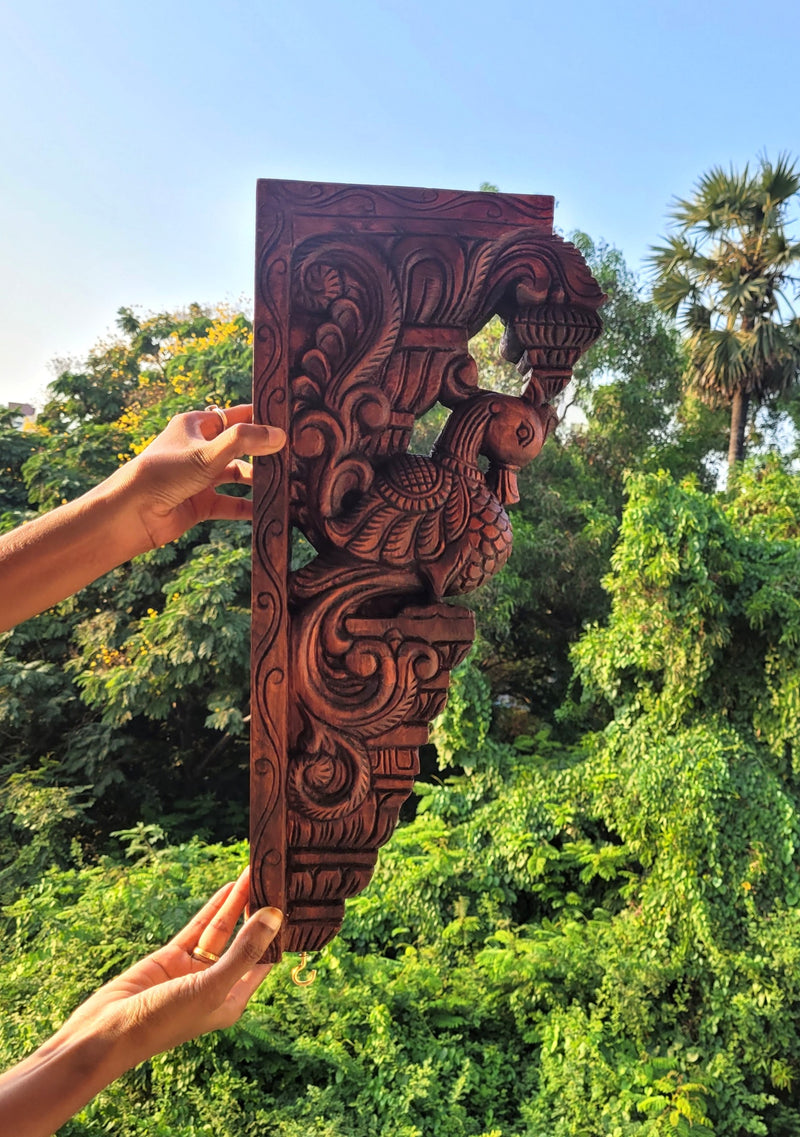 Annam BIG Wood Carving Natural Wall bracket / Corbel Mahogany Wood Traditional Chettinad Handicrafts (18 H x 8.5 L x 2.5 W Inches)