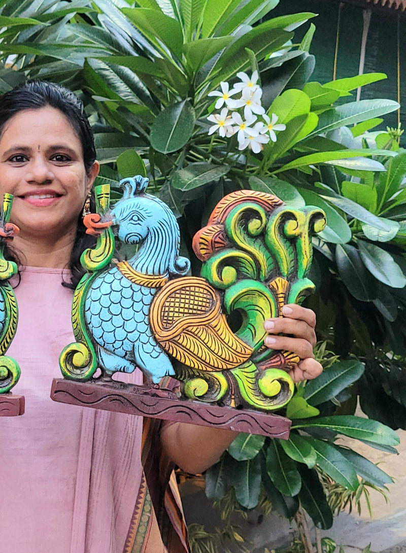 Annam Wooden Wall Panel and Table Decor Right Side Mahogany Wooden Carving Decor Traditional Indian Handicrafts (12H x 12L x 2W Inches) Foyer Decor