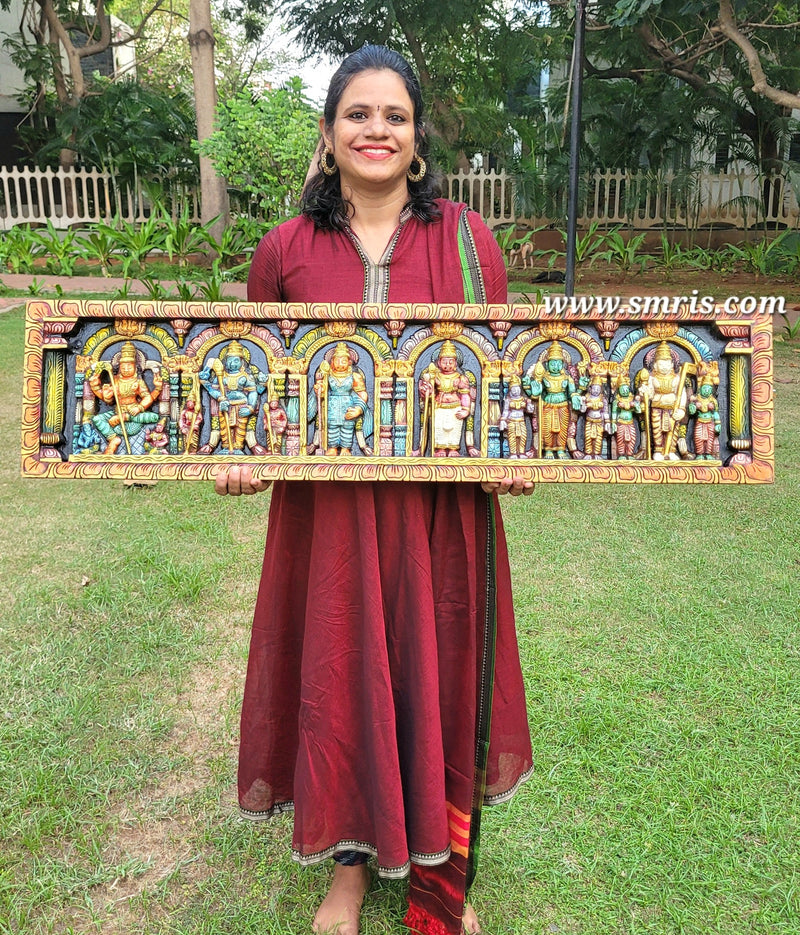 Arupadai Murugar Sri Subramaniam Swamy Wood Wall Panel Wood Carving Mahogany Wood Traditional Chettinad Indian Handicrafts Colour 1 (12 H x 48 L x 2 W Inches)