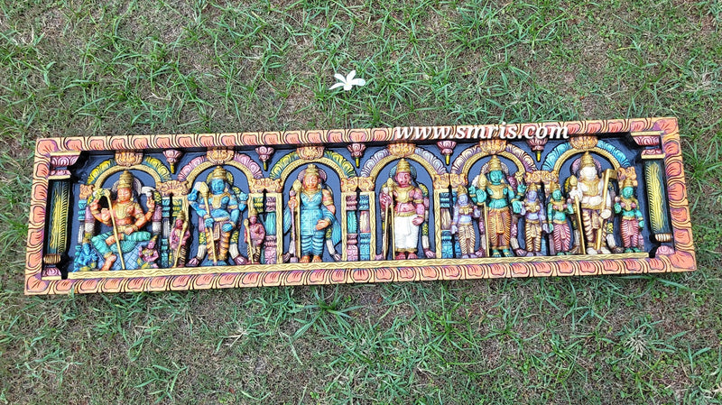 Arupadai Murugar Sri Subramaniam Swamy Wood Wall Panel Wood Carving Mahogany Wood Traditional Chettinad Indian Handicrafts Colour 1 (12 H x 48 L x 2 W Inches)