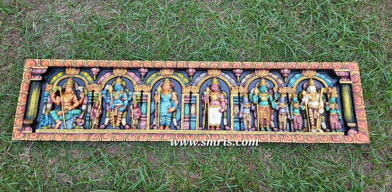 Arupadai Murugar Sri Subramaniam Swamy Wood Wall Panel Wood Carving Mahogany Wood Traditional Chettinad Indian Handicrafts Colour 1 (12 H x 48 L x 2 W Inches)