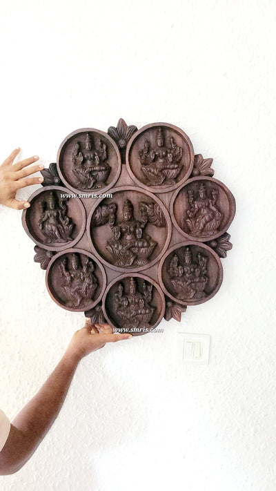 Goddess Ashta Lakshmi Circular Wood Carving Wall Panel Rosewood Colour Vaagai Wood Wall Hanging Traditional Indian Handicrafts (23.5H * 23L * 2W Inches)