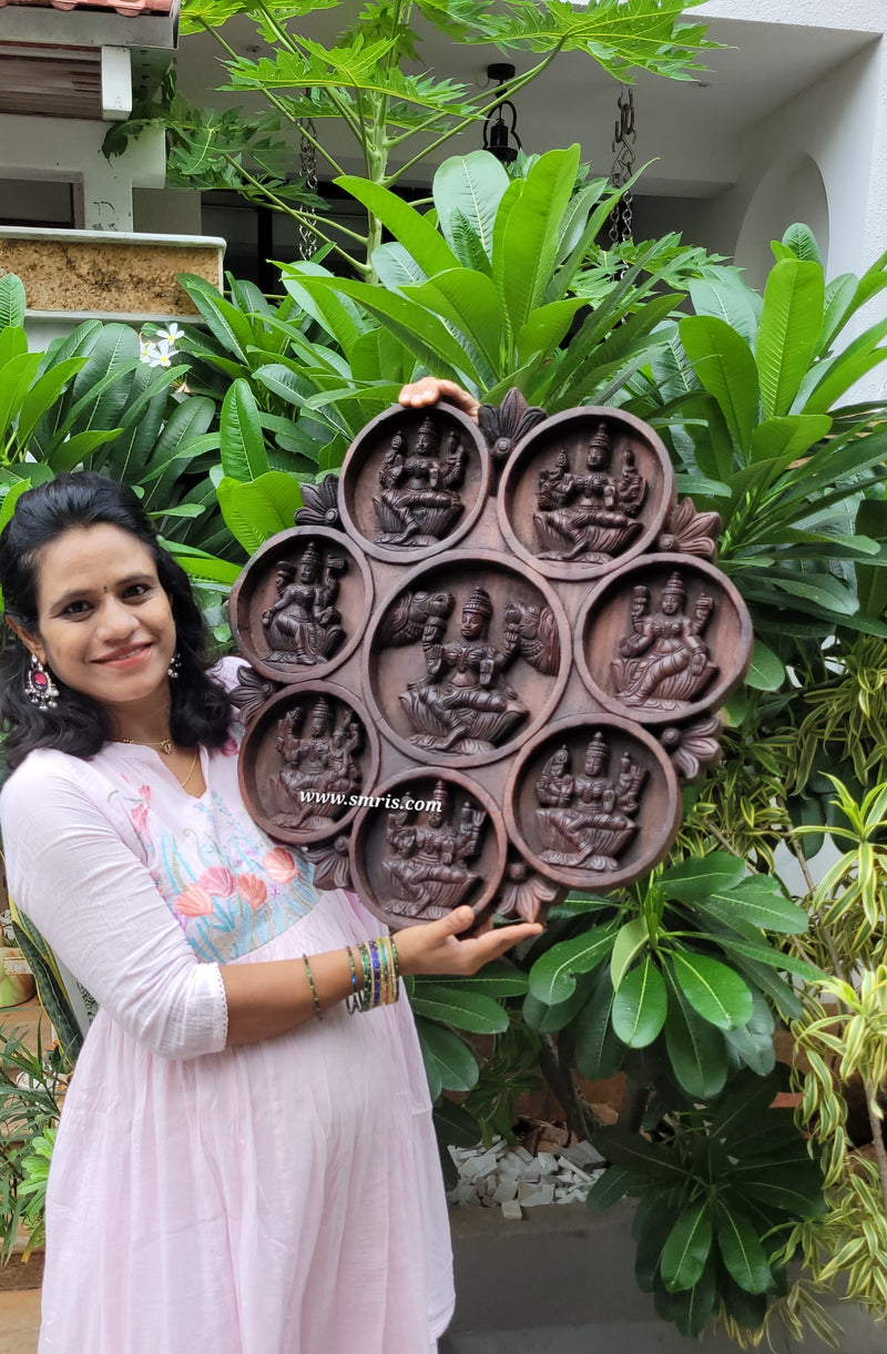 Goddess Ashta Lakshmi Circular Wood Carving Wall Panel Rosewood Colour Vaagai Wood Wall Hanging Traditional Indian Handicrafts (23.5H * 23L * 2W Inches)