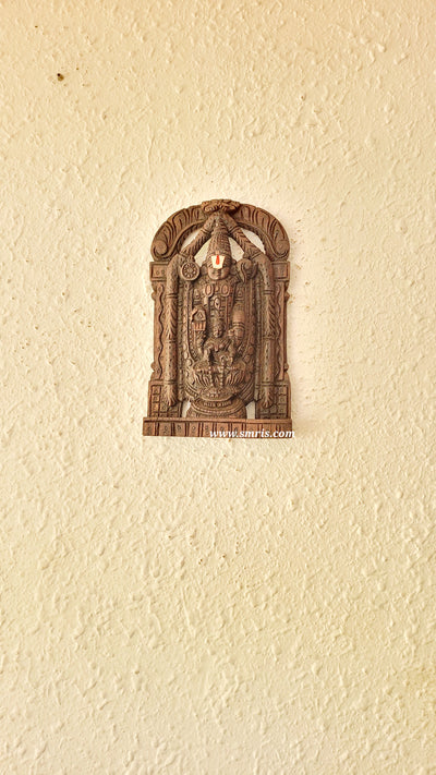 Lord Balaji / Perumal with Lakshmi Statue Idol Small Wall Panel Rosewood Colour White Namam Vaagai Wooden Carving Wall Hanging Puja Room Decor Traditional Indian Handicrafts (12H * 8L * 2W Inches)