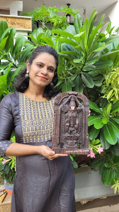 Lord Balaji / Perumal with Lakshmi Statue Idol Small Wall Panel Rosewood Colour White Namam Vaagai Wooden Carving Wall Hanging Puja Room Decor Traditional Indian Handicrafts (12H * 8L * 2W Inches)