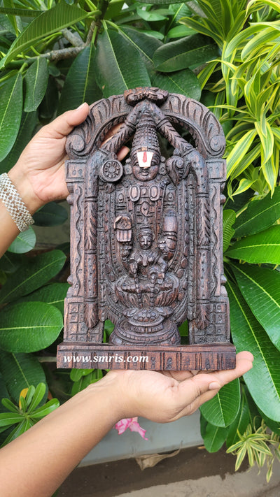 Lord Balaji / Perumal with Lakshmi Statue Idol Small Wall Panel Rosewood Colour White Namam Vaagai Wooden Carving Wall Hanging Puja Room Decor Traditional Indian Handicrafts (12H * 8L * 2W Inches)