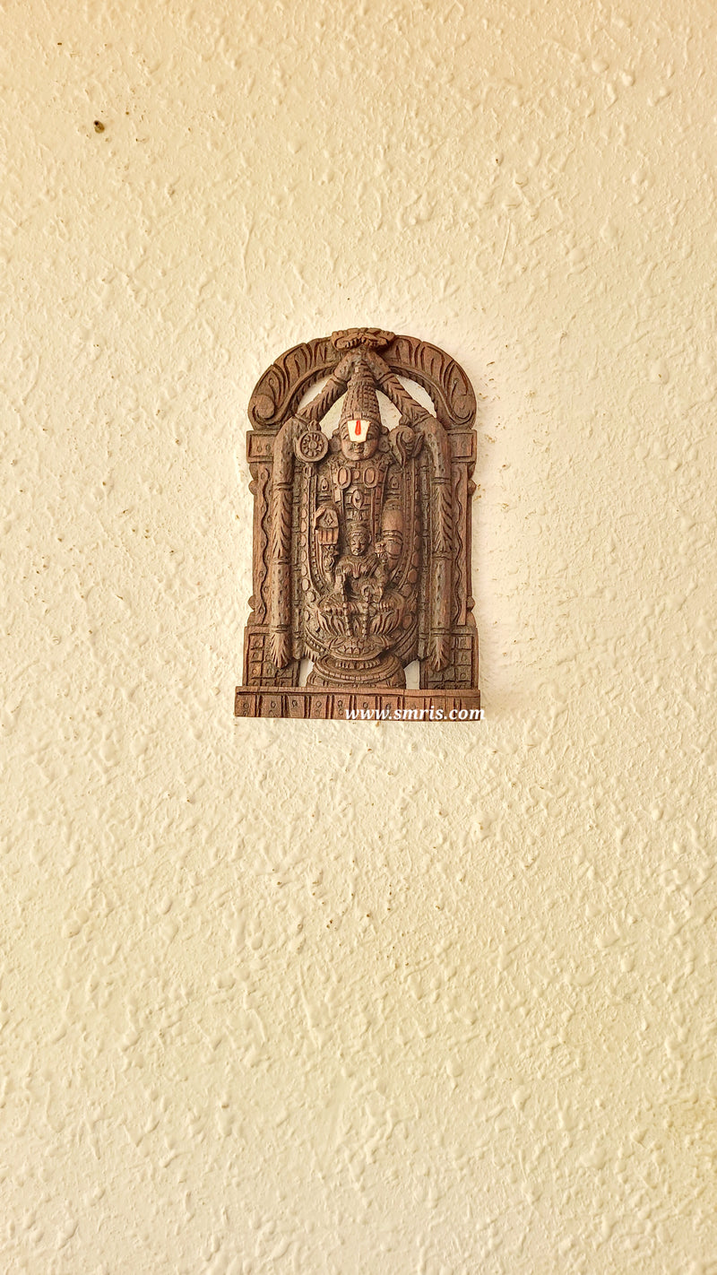 Lord Balaji / Perumal with Lakshmi Statue Idol Small Wall Panel Rosewood Colour White Namam Vaagai Wooden Carving Wall Hanging Puja Room Decor Traditional Indian Handicrafts (12H * 8L * 2W Inches)