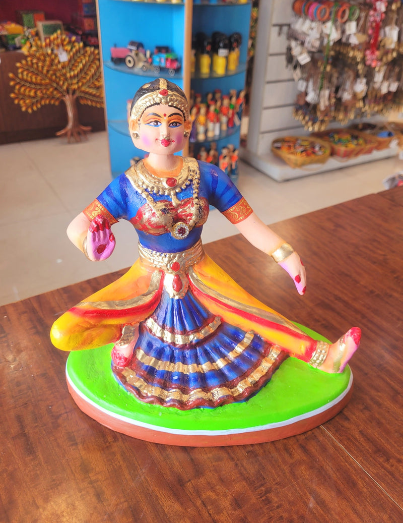 Bharathanatiyam doll dancing head Sitting ( Yellow And Blue ) Paper Mache 10 inch Handmade Thanjavur Thalayatti Bommai