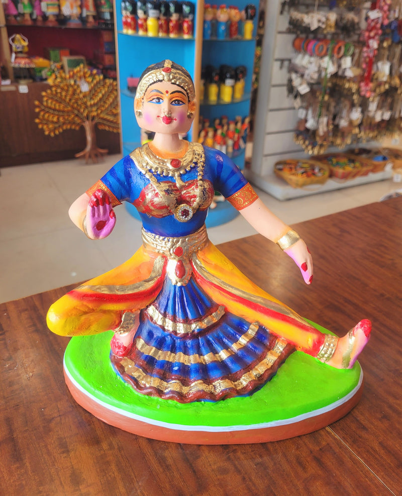 Bharathanatiyam doll dancing head Sitting ( Yellow And Blue ) Paper Mache 10 inch Handmade Thanjavur Thalayatti Bommai
