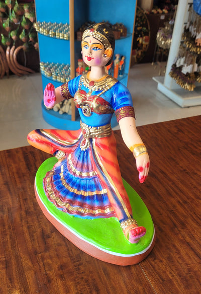 Bharathanatiyam doll dancing head Sitting ( Blue & Orange ) Paper Mache Handmade Thanjavur Thalayatti Bommai Tanjore Dancing Doll (10 H * 10 L * 6 W ) Inches