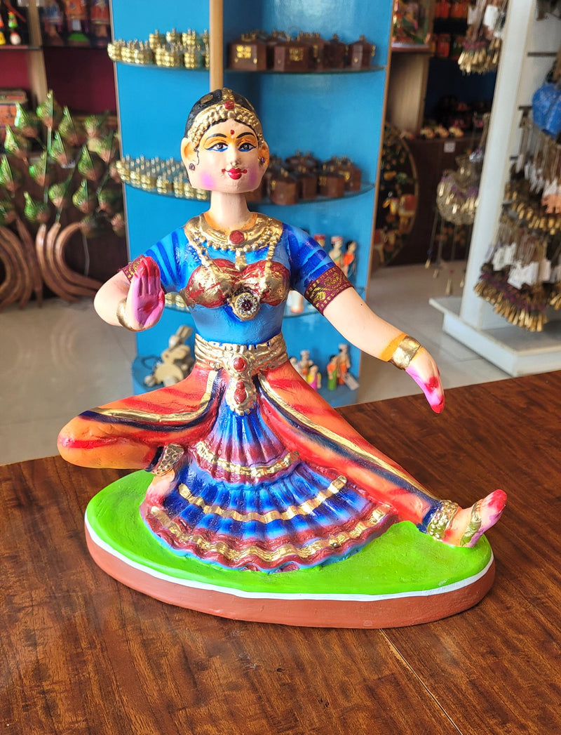 Bharathanatiyam doll dancing head Sitting ( Blue & Orange ) Paper Mache Handmade Thanjavur Thalayatti Bommai Tanjore Dancing Doll (10 H * 10 L * 6 W ) Inches