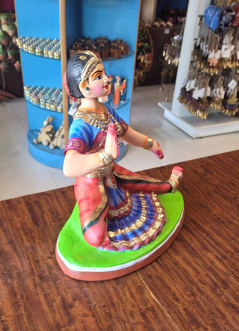 Bharathanatiyam Tanjore Dancing Doll Sitting ( Blue & Red ) Paper Mache Handmade Thanjavur Thalayatti Bommai Table Decor Show Piece Golu Dolls (10 H * 5.5 L * 5.5 W ) Inches
