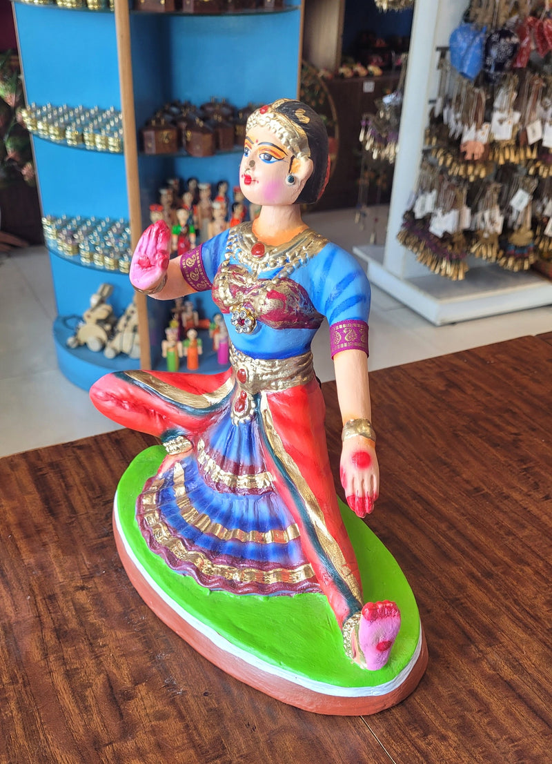 Bharathanatiyam Tanjore Dancing Doll Sitting ( Blue & Red ) Paper Mache Handmade Thanjavur Thalayatti Bommai Table Decor Show Piece Golu Dolls (10 H * 5.5 L * 5.5 W ) Inches