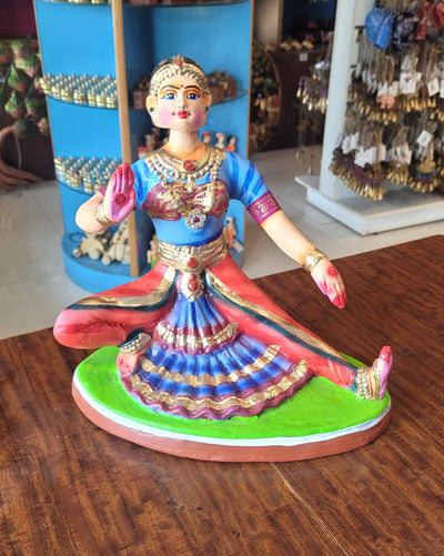 Bharathanatiyam Tanjore Dancing Doll Sitting ( Blue & Red ) Paper Mache Handmade Thanjavur Thalayatti Bommai Table Decor Show Piece Golu Dolls (10 H * 5.5 L * 5.5 W ) Inches