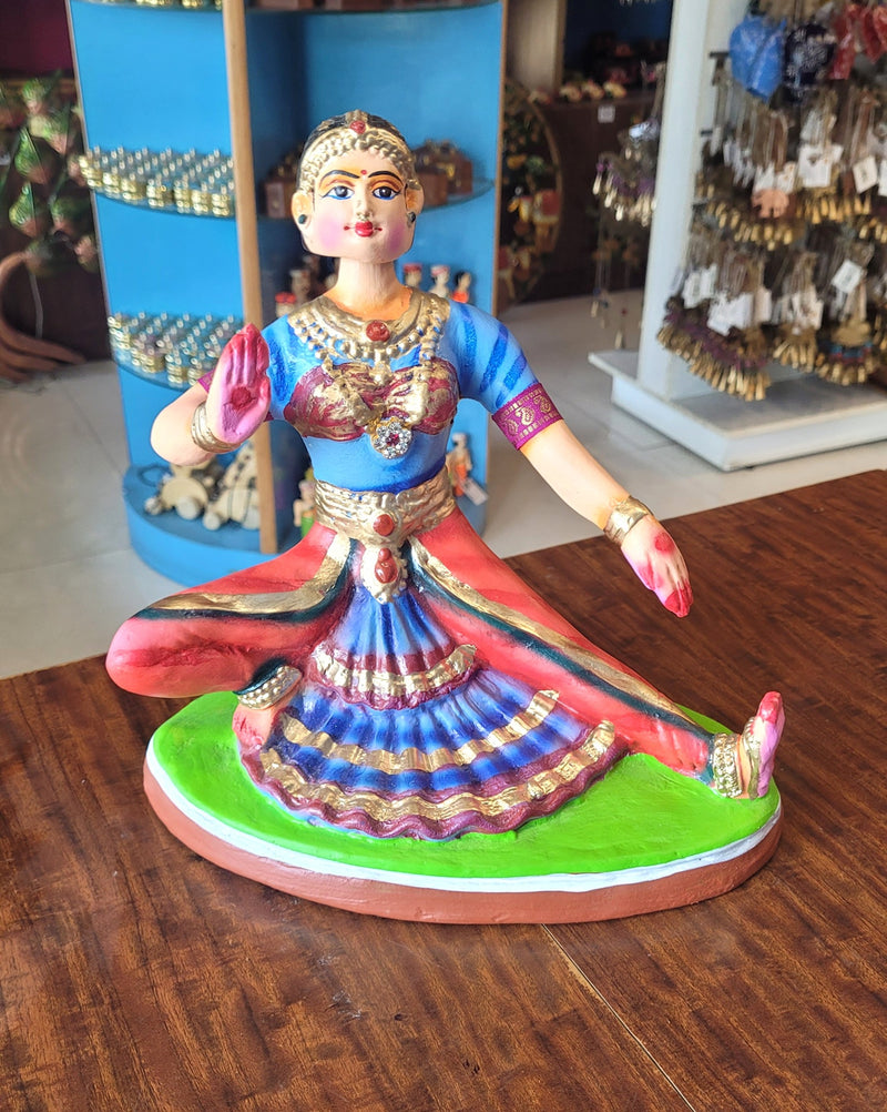Bharathanatiyam Tanjore Dancing Doll Sitting ( Blue & Red ) Paper Mache Handmade Thanjavur Thalayatti Bommai Table Decor Show Piece Golu Dolls (10 H * 5.5 L * 5.5 W ) Inches
