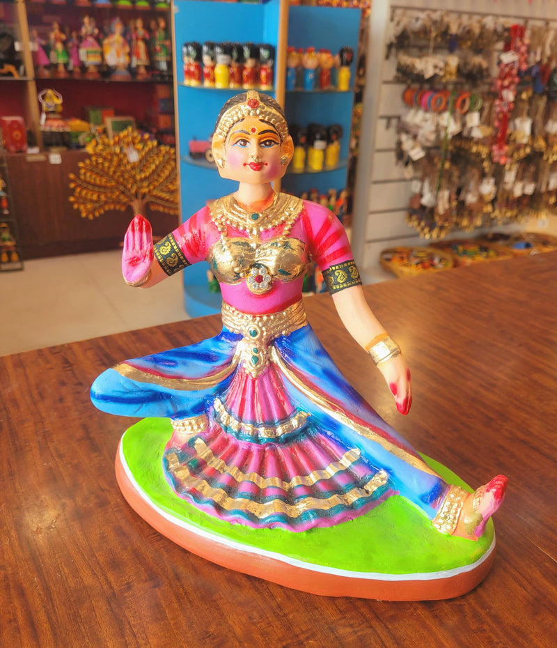 Bharathanatiyam doll dancing head Sitting ( Pink, Blue ) Paper Mache Handmade Thanjavur Thalayatti Bommai Tanjore Dancing Doll (10 H * 10 L * 6 W ) Inches