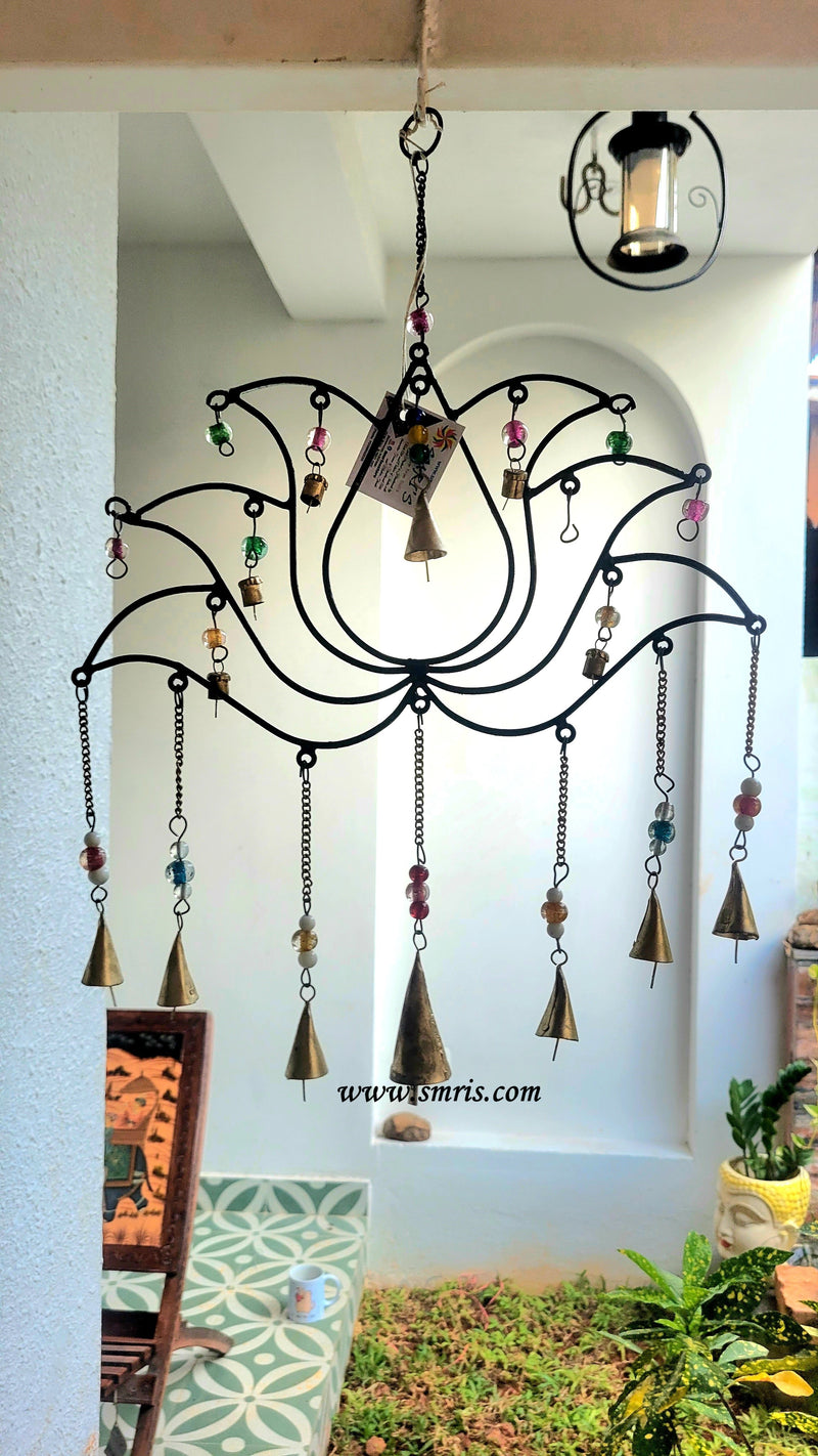 Big Lotus Wind Chime Hanging Black with Bells and Glass Beads Wall Decor Balcony Decor Home Decor Garden Decor ( 20 H * 14.5 L * 1 W ) Inches