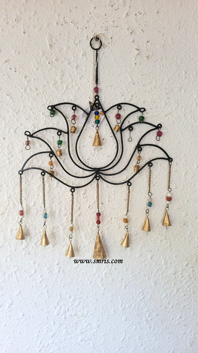 Big Lotus Wind Chime Hanging Black with Bells and Glass Beads Wall Decor Balcony Decor Home Decor Garden Decor ( 20 H * 14.5 L * 1 W ) Inches