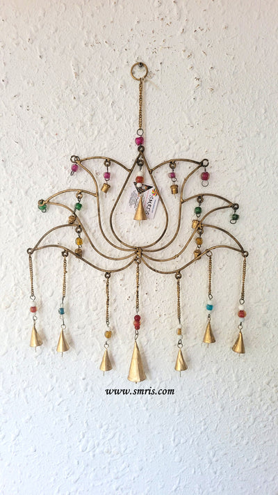 Big Lotus Wind Chime Hanging Gold with Bells and Glass Beads Wall Decor Balcony Decor Home Decor Garden Decor ( 20 H * 14.5 L * 1 W ) Inches