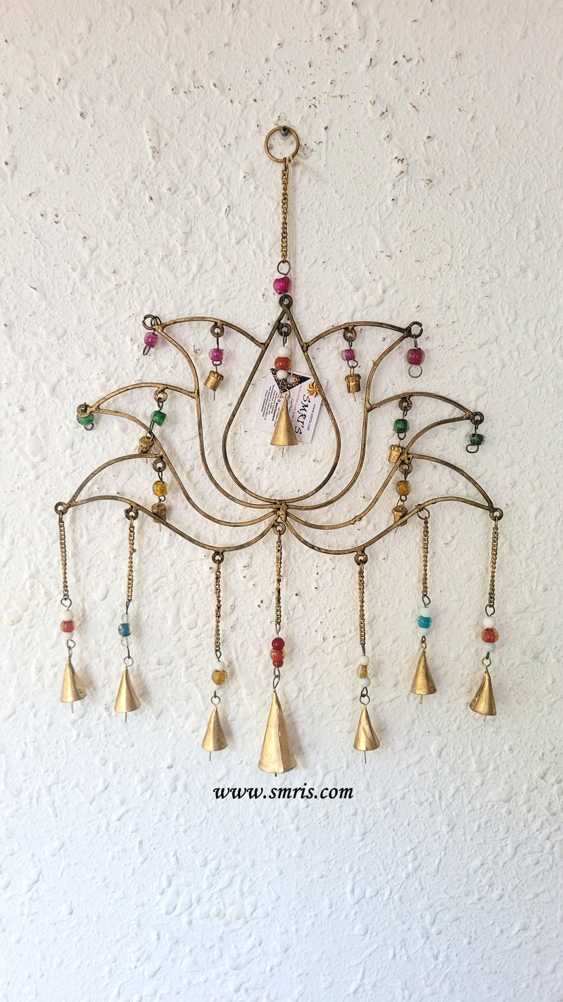 Big Lotus Wind Chime Hanging Gold with Bells and Glass Beads Wall Decor Balcony Decor Home Decor Garden Decor ( 20 H * 14.5 L * 1 W ) Inches