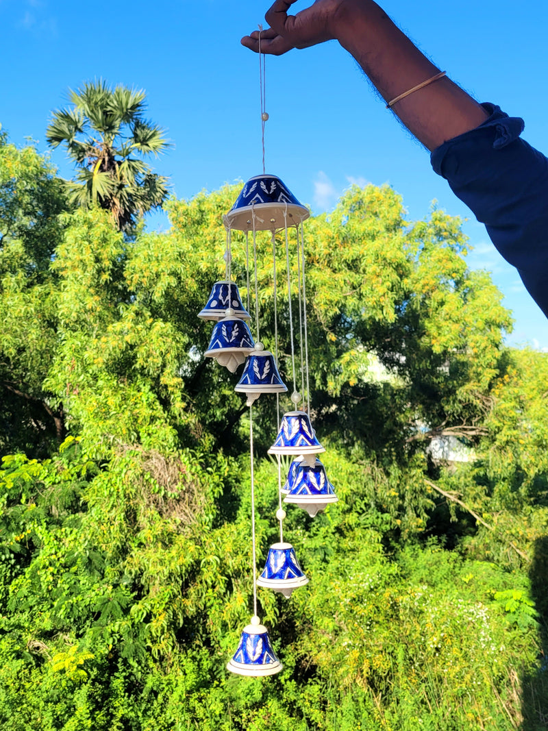 Blue 8 bell Ceramic Wind Chimes mughalpainted in hand ( 34 H * 4.5 L * 4.5 W )Inchs