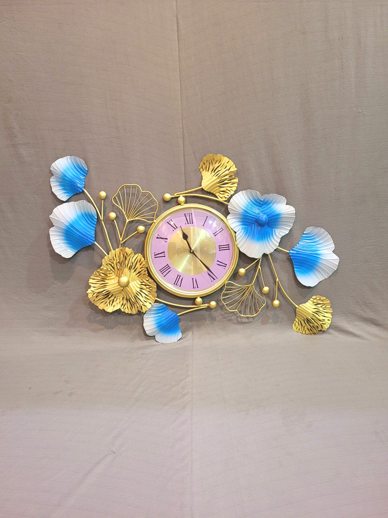 Blue White Gold Lily wall Clock wall decor iron (21 H, 34 L, 1 W) Inches Luxury clock