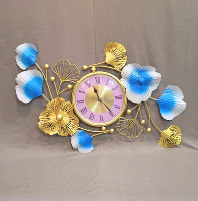 Blue White Gold Lily wall Clock wall decor iron (21 H, 34 L, 1 W) Inches Luxury clock