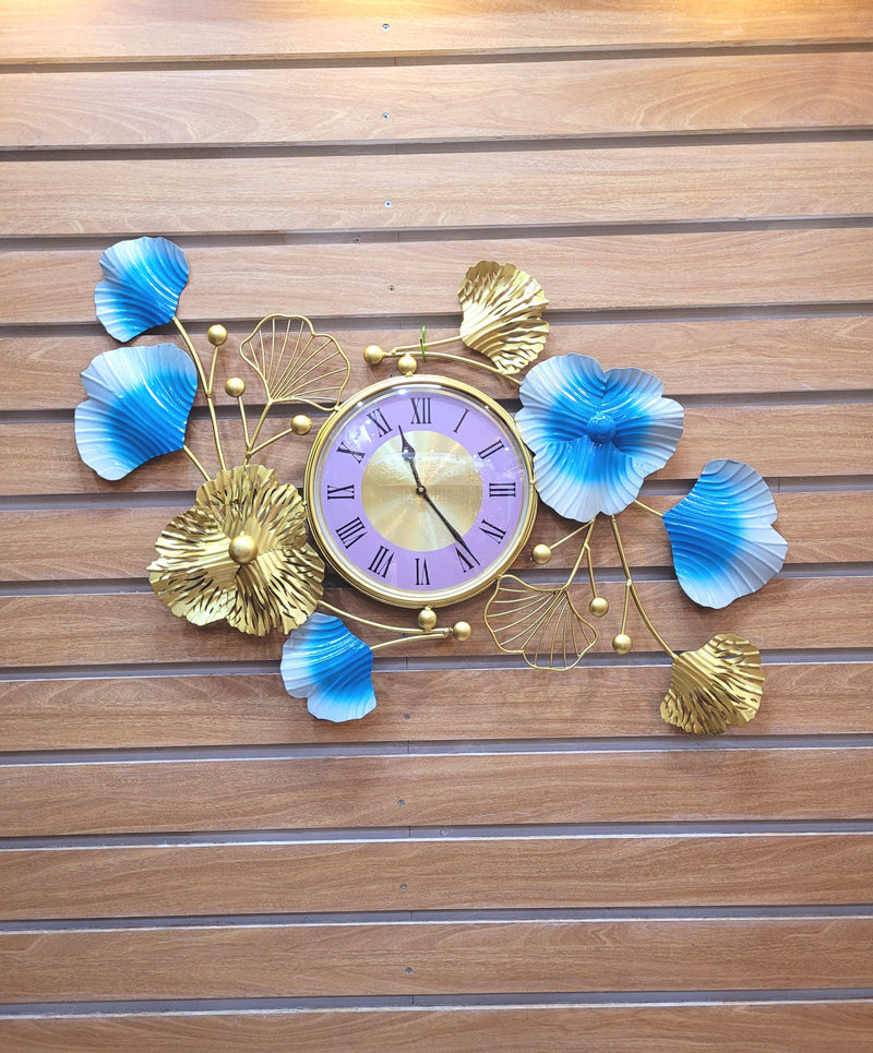 Blue White Gold Lily wall Clock wall decor iron (21 H, 34 L, 1 W) Inches Luxury clock