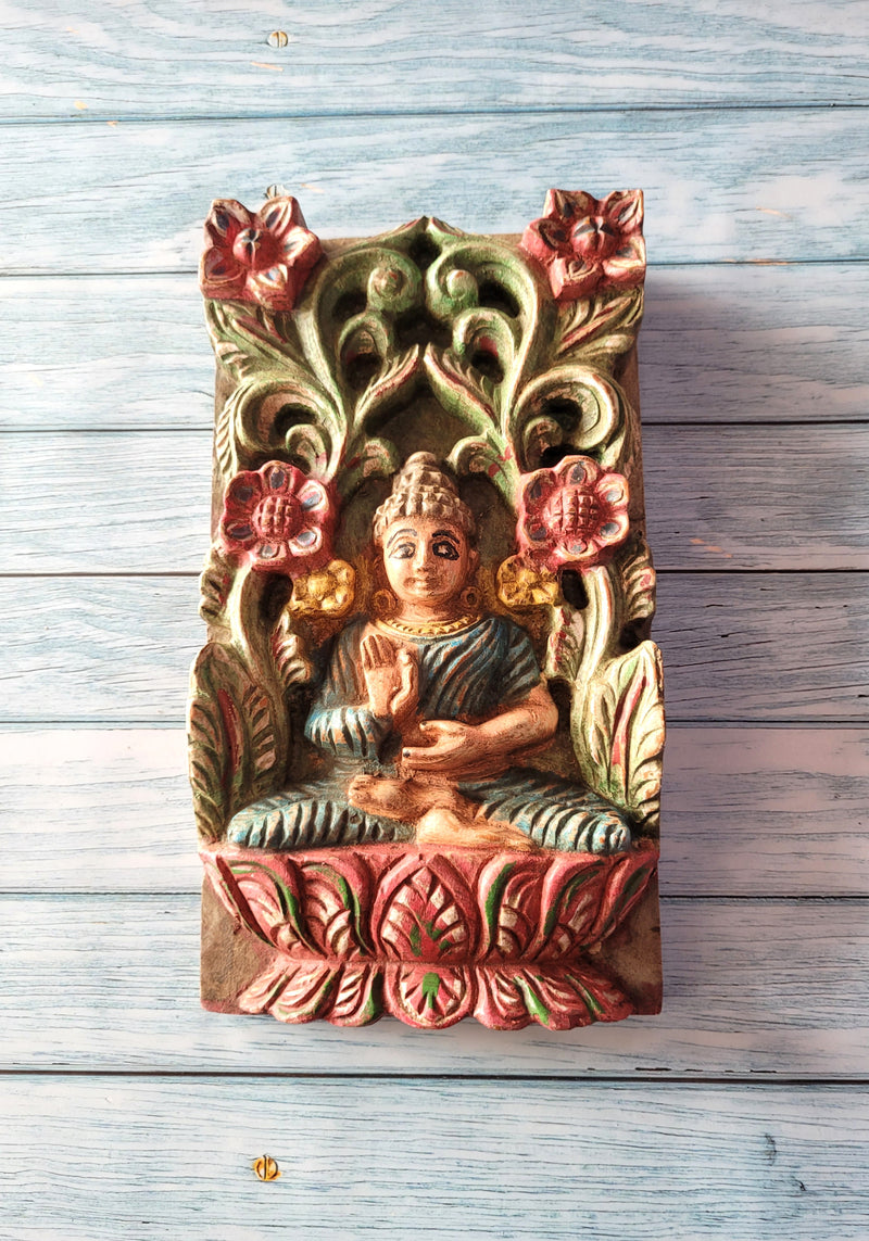 Budha on Lotus Wall Panel Frame Old Antique Finish Wall Hanging Mahogany Wood Carving Traditional Chettinad Indian Handicrafts (12 H x 6.5 L x 2 W inches)