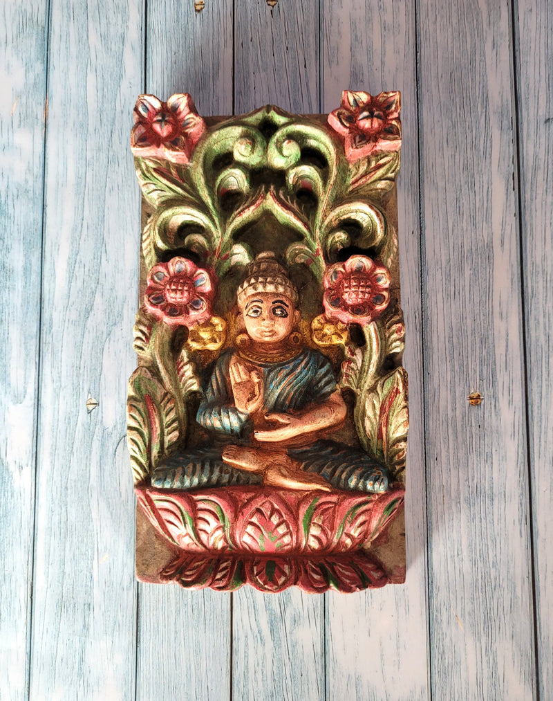 Budha on Lotus Wall Panel Frame Old Antique Finish Wall Hanging Mahogany Wood Carving Traditional Chettinad Indian Handicrafts (12 H x 6.5 L x 2 W inches)