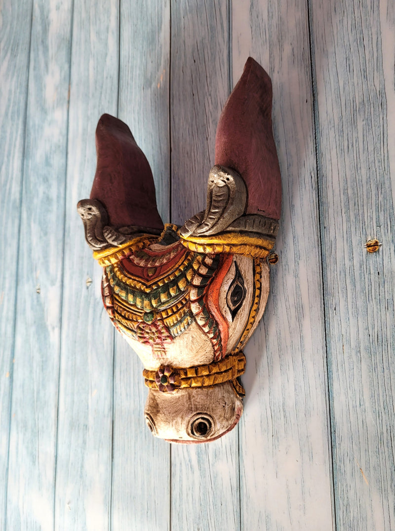 Cow Head Wooden Wall Hanging Decor Mahogany Wood Carving Traditional Chettinad Indian Handicrafts (10 H x 5.5 L x 3 W inches)