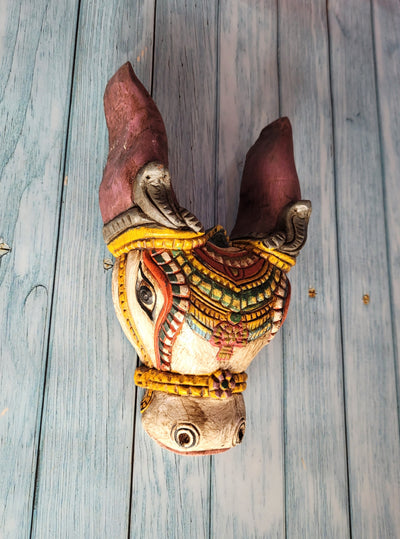 Cow Head Wooden Wall Hanging Decor Mahogany Wood Carving Traditional Chettinad Indian Handicrafts (10 H x 5.5 L x 3 W inches)