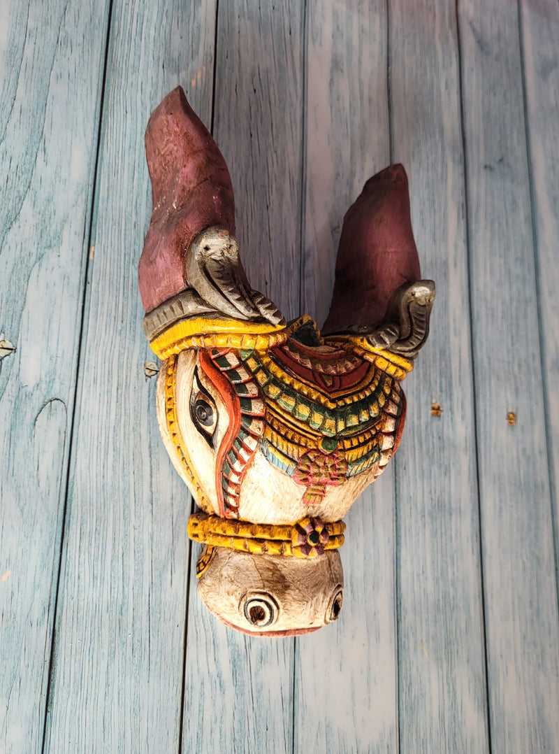 Cow Head Wooden Wall Hanging Decor Mahogany Wood Carving Traditional Chettinad Indian Handicrafts (10 H x 5.5 L x 3 W inches)