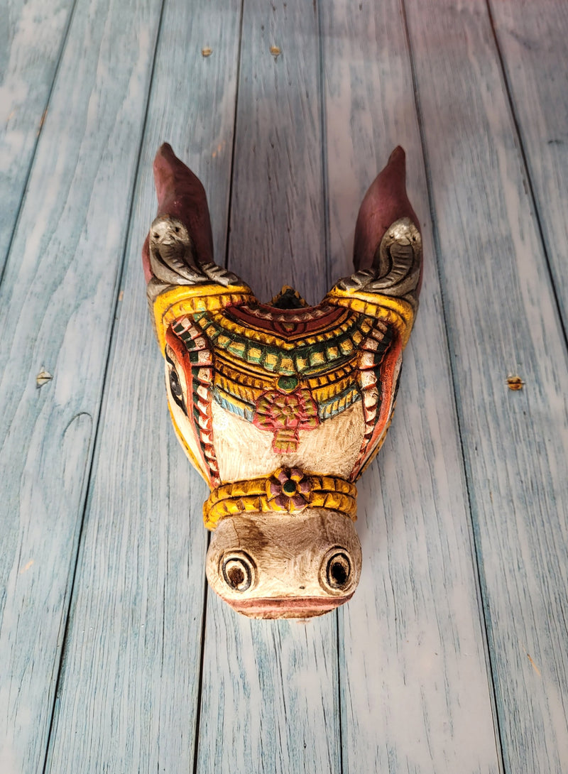 Cow Head Wooden Wall Hanging Decor Mahogany Wood Carving Traditional Chettinad Indian Handicrafts (10 H x 5.5 L x 3 W inches)