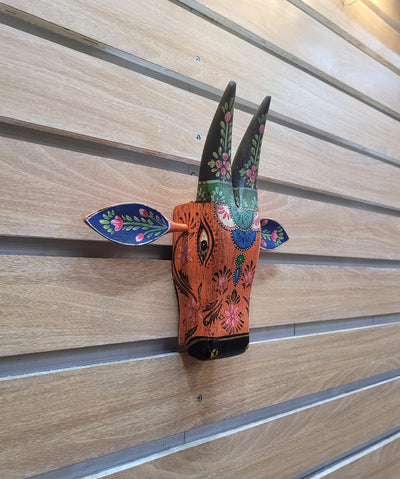 Cow Head Pichawai Painting Mango solid wood Orange with green Wall decor Indian handicrafts traditional entrance vastu decor(11H, 11 L, 3 W) Inches