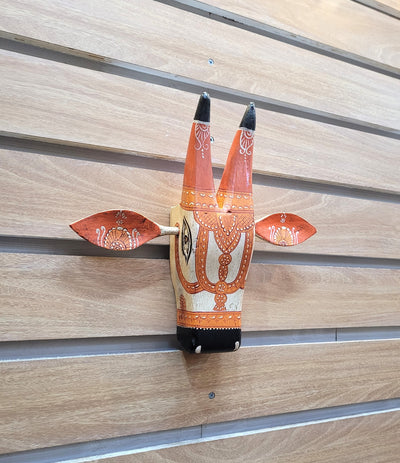 Cow Head Pichawai Painting Mango solid wood Orange Wall decor Indian handicrafts traditional entrance vastu decor(11H, 11 L, 3 W) Inches