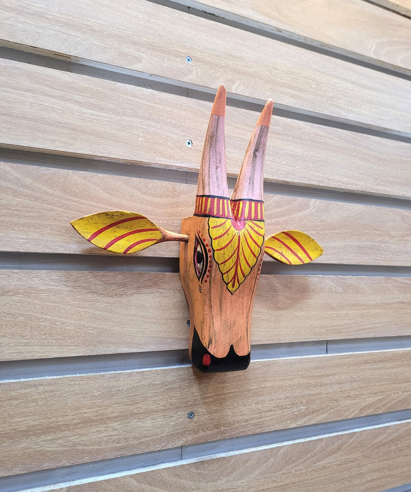 Cow Head Pichawai Painting Mango solid wood Orange with Yellow Wall decor Indian handicrafts traditional entrance vastu decor(11H, 11 L, 3 W) Inches