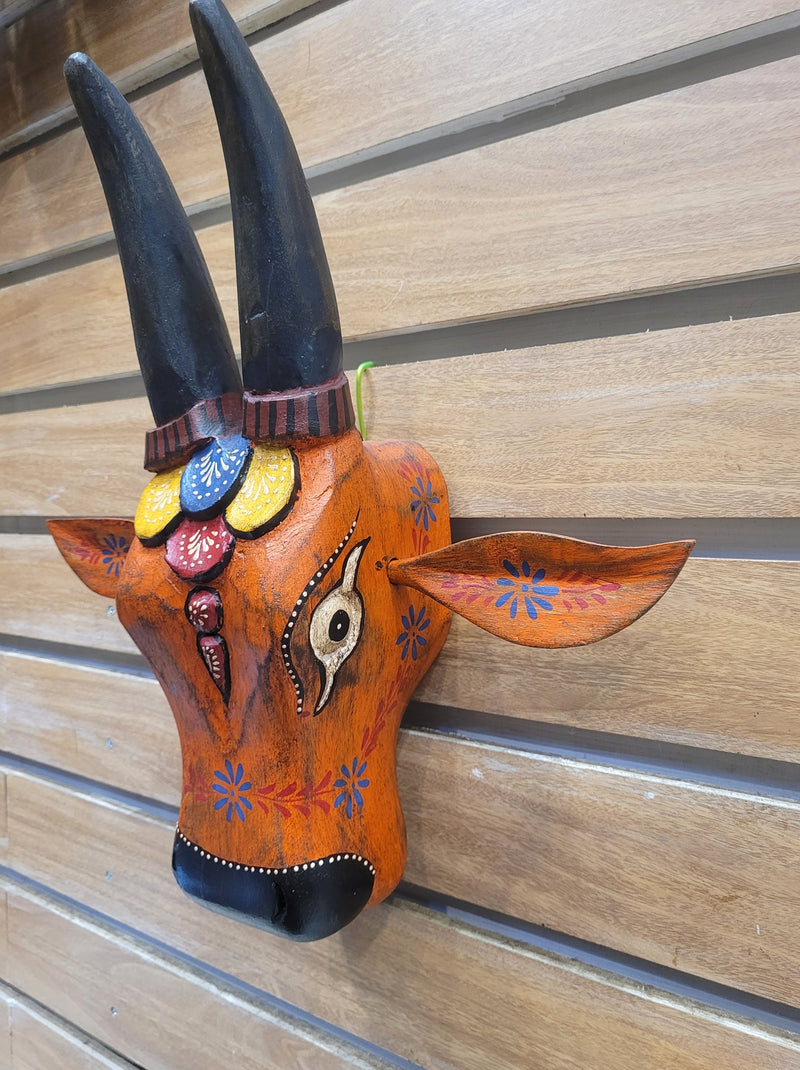 Cow Head Antique Finish Pichawai Painting Mango Solid Wood Black With Orange Wall Decor Indian Handicrafts Traditional Entrance Vastu Decor (15.5 H* 15.5 L* 4.5 W Inches)