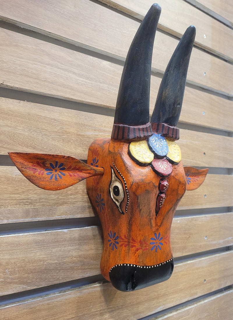 Cow Head Antique Finish Pichawai Painting Mango Solid Wood Black With Orange Wall Decor Indian Handicrafts Traditional Entrance Vastu Decor (15.5 H* 15.5 L* 4.5 W Inches)