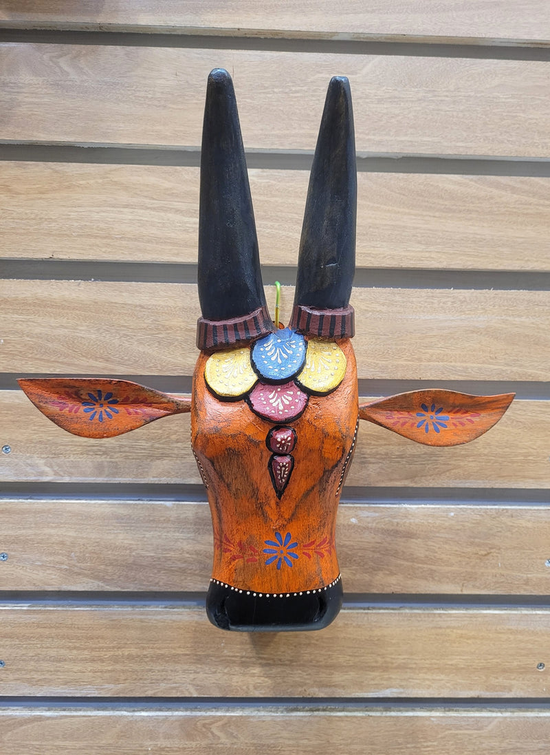 Cow Head Antique Finish Pichawai Painting Mango Solid Wood Black With Orange Wall Decor Indian Handicrafts Traditional Entrance Vastu Decor (15.5 H* 15.5 L* 4.5 W Inches)